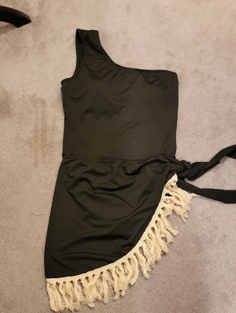 One-Piece One Shoulder Black Swimsuit with Fringe Detail Skirt